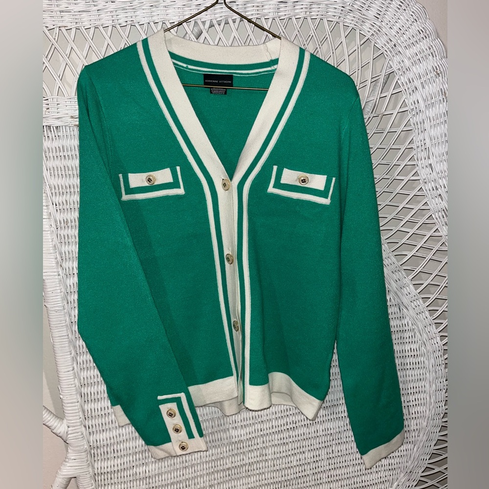 Adrienne Vittadini Green and Cream Cardigan